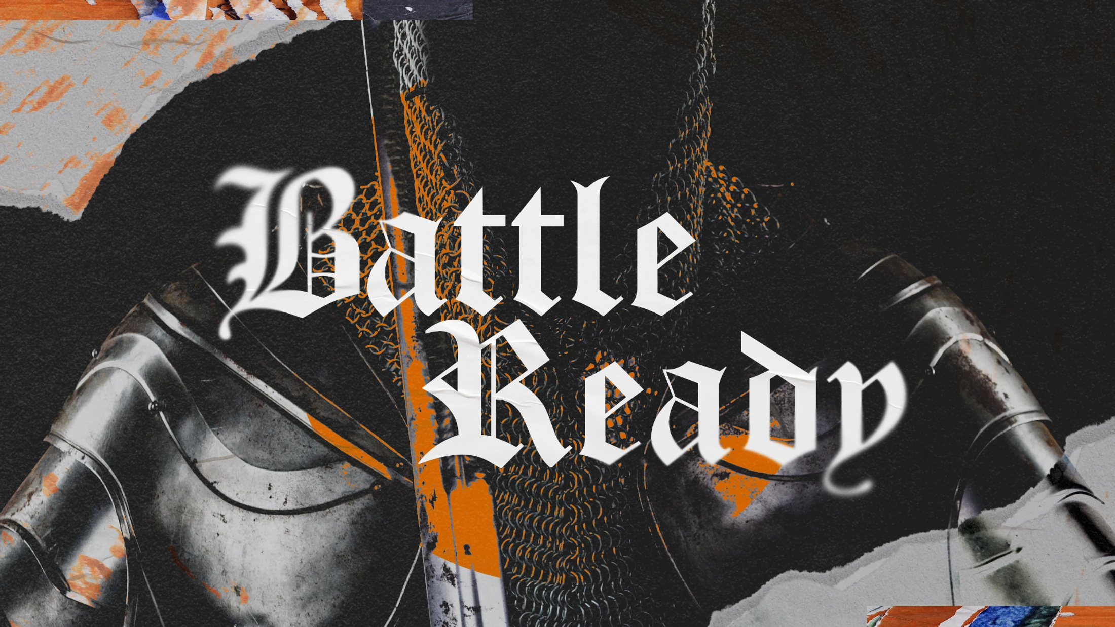 A collage-style image featuring a medieval suit of armor with chainmail. The words 'Battle Ready' are overlaid in a white, gothic font on a dark background.