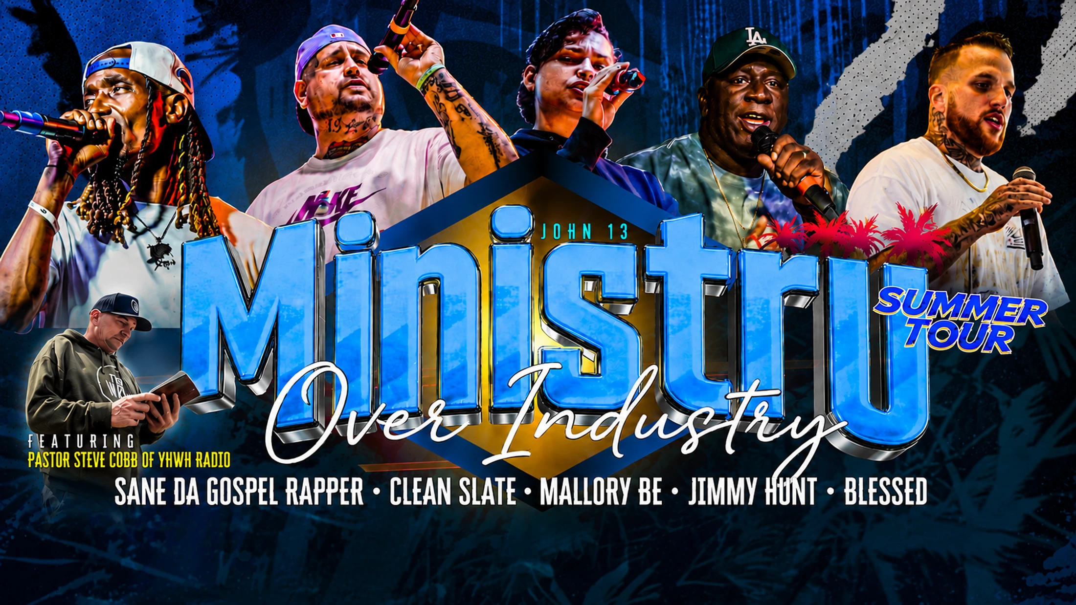 A promotional poster for the 'Ministry Over Industry' summer tour, featuring six Christian hip-hop artists singing and performing on stage.
