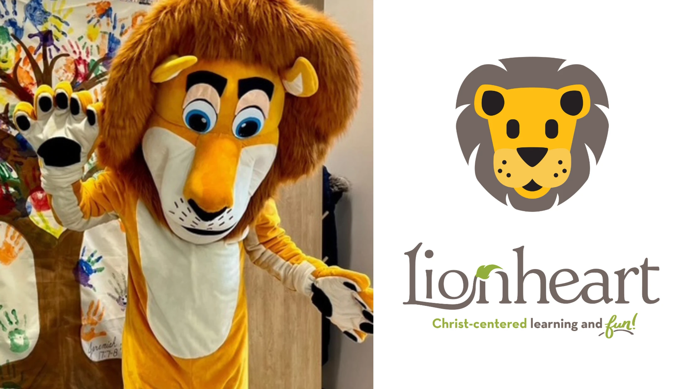 A split image showing a friendly lion mascot waving on the left and the Lionheart logo on the right, which says 'Christ-centered learning and fun!'.
