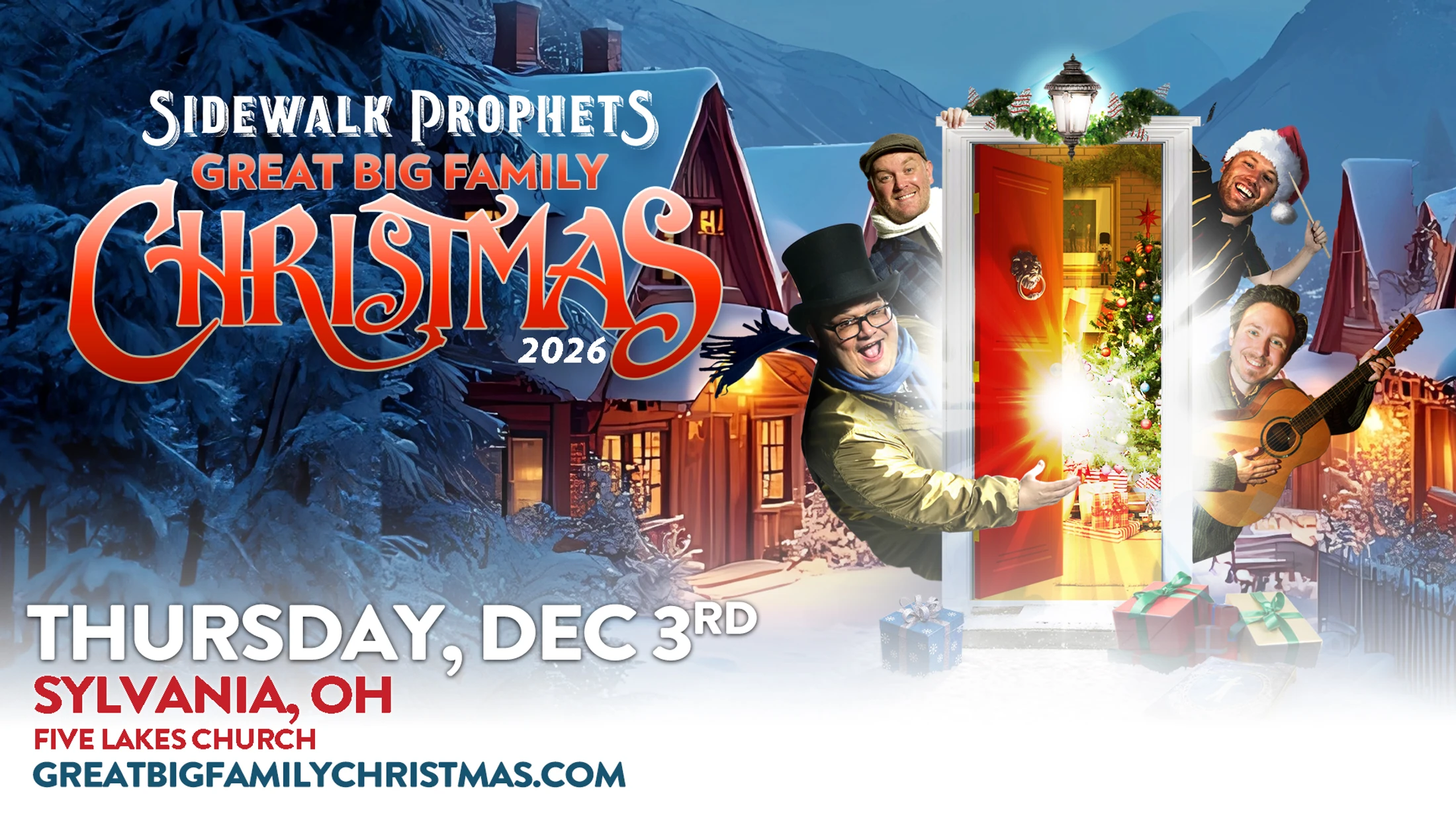 A promotional poster for the Sidewalk Prophets Christmas concert in Sylvania, OH, showing the band welcoming you from a snowy, festive village scene.
