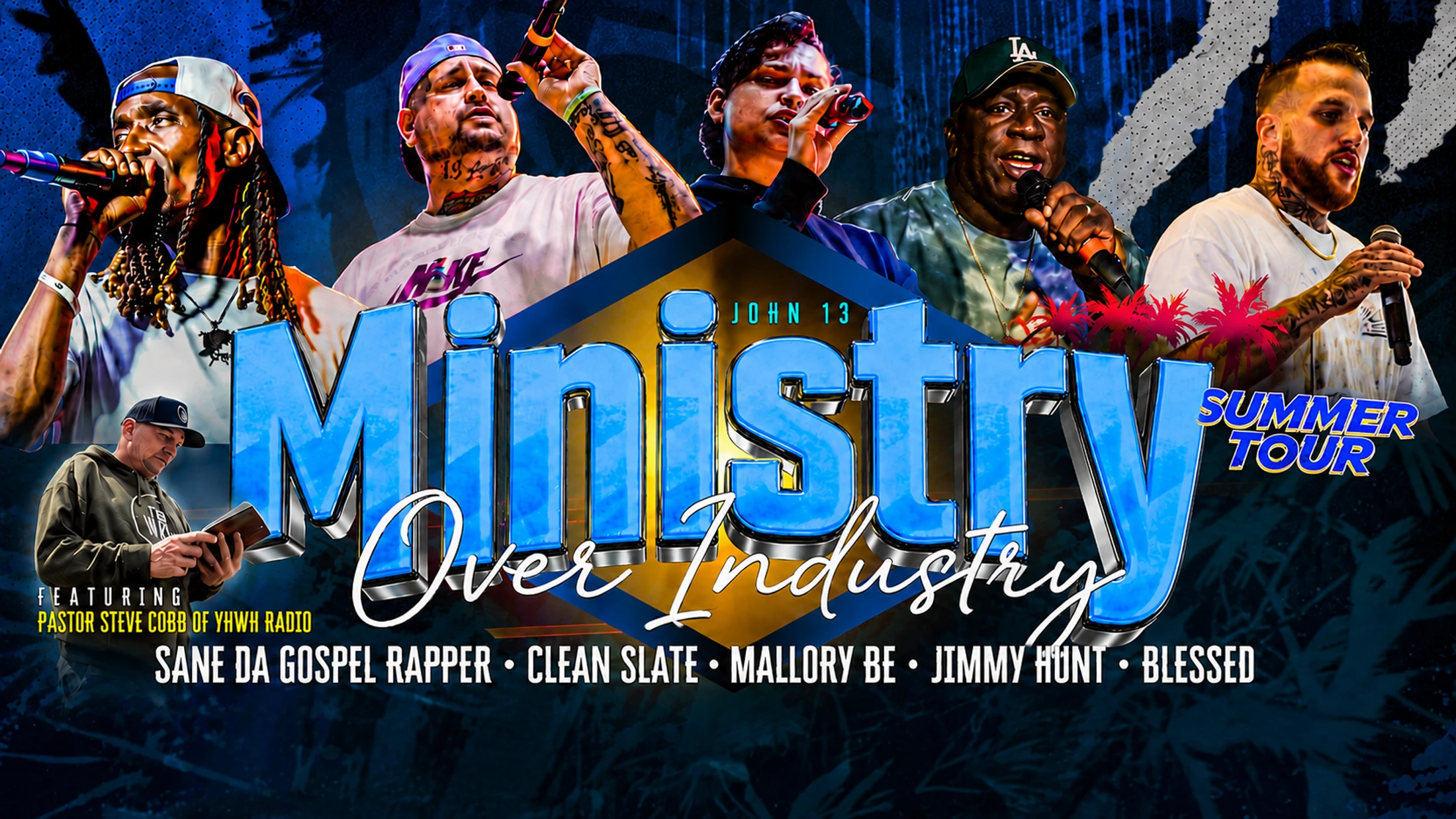 A promotional poster for the 'Ministry Over Industry Summer Tour' featuring photos of various gospel rappers and a pastor against a blue background.