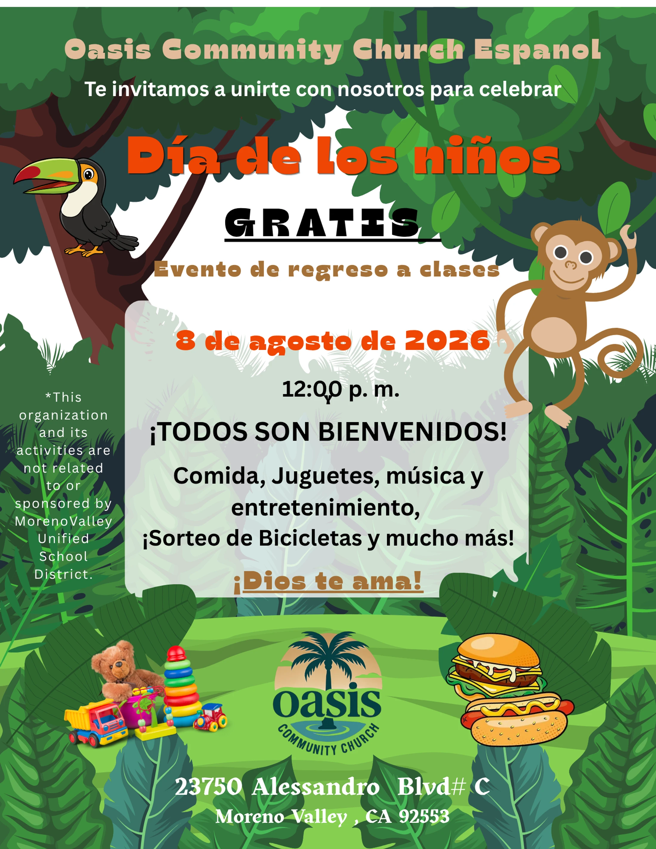 A colorful flyer in Spanish for a free 'Día de los Niños' back-to-school event with a jungle theme, featuring a toucan, monkey, and event details.