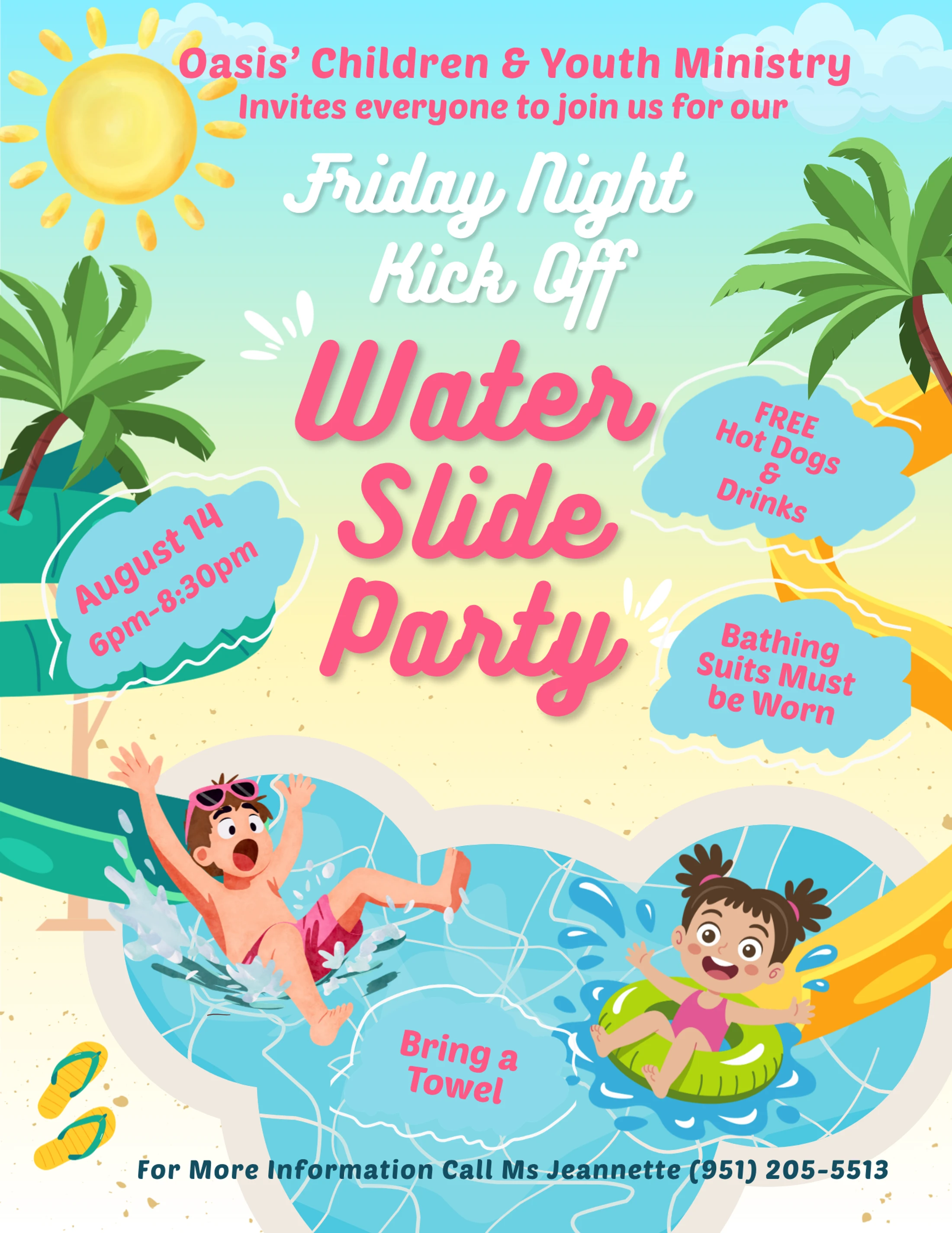 A colorful flyer for a Water Slide Party, featuring cartoon children playing in a pool. The event details, date, and time are written in playful fonts.
