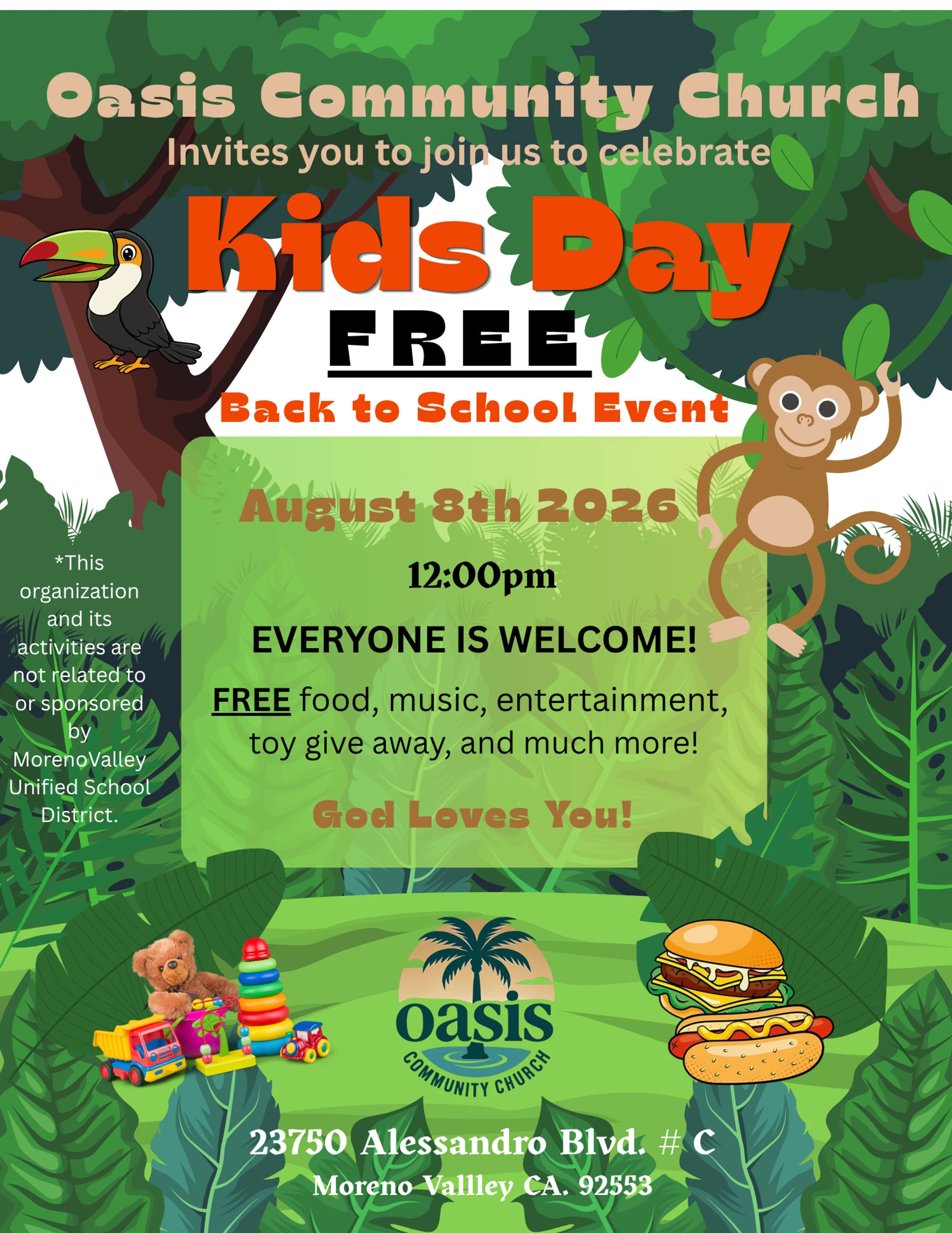 A colorful flyer for a free Kids Day back-to-school event with a jungle theme, featuring a toucan and a monkey, and event details for August 8th, 2026.
