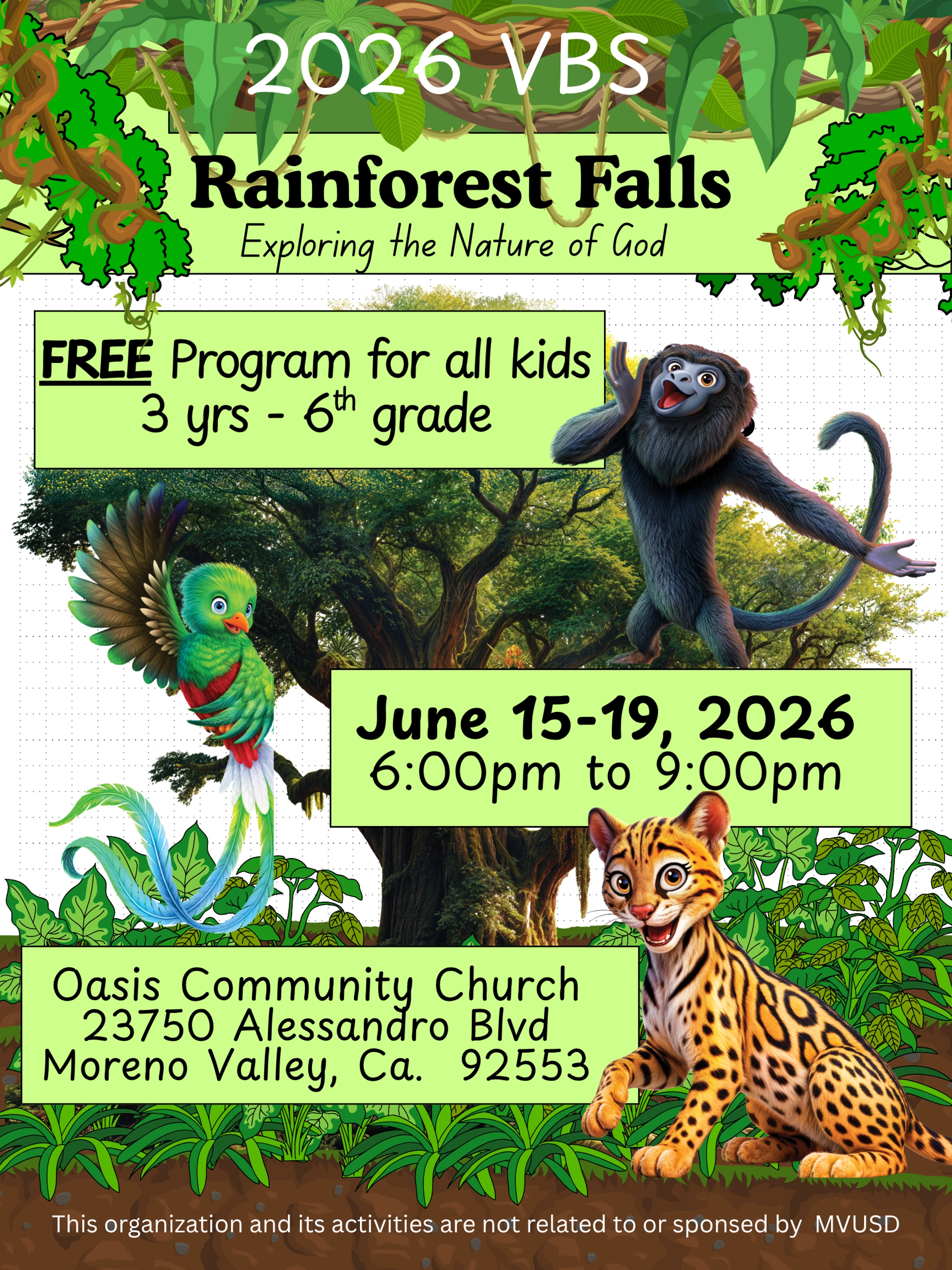 Flyer for 2026 Vacation Bible School, "Rainforest Falls." Features cartoon animals like a monkey and ocelot, with event details for Oasis Community Church.