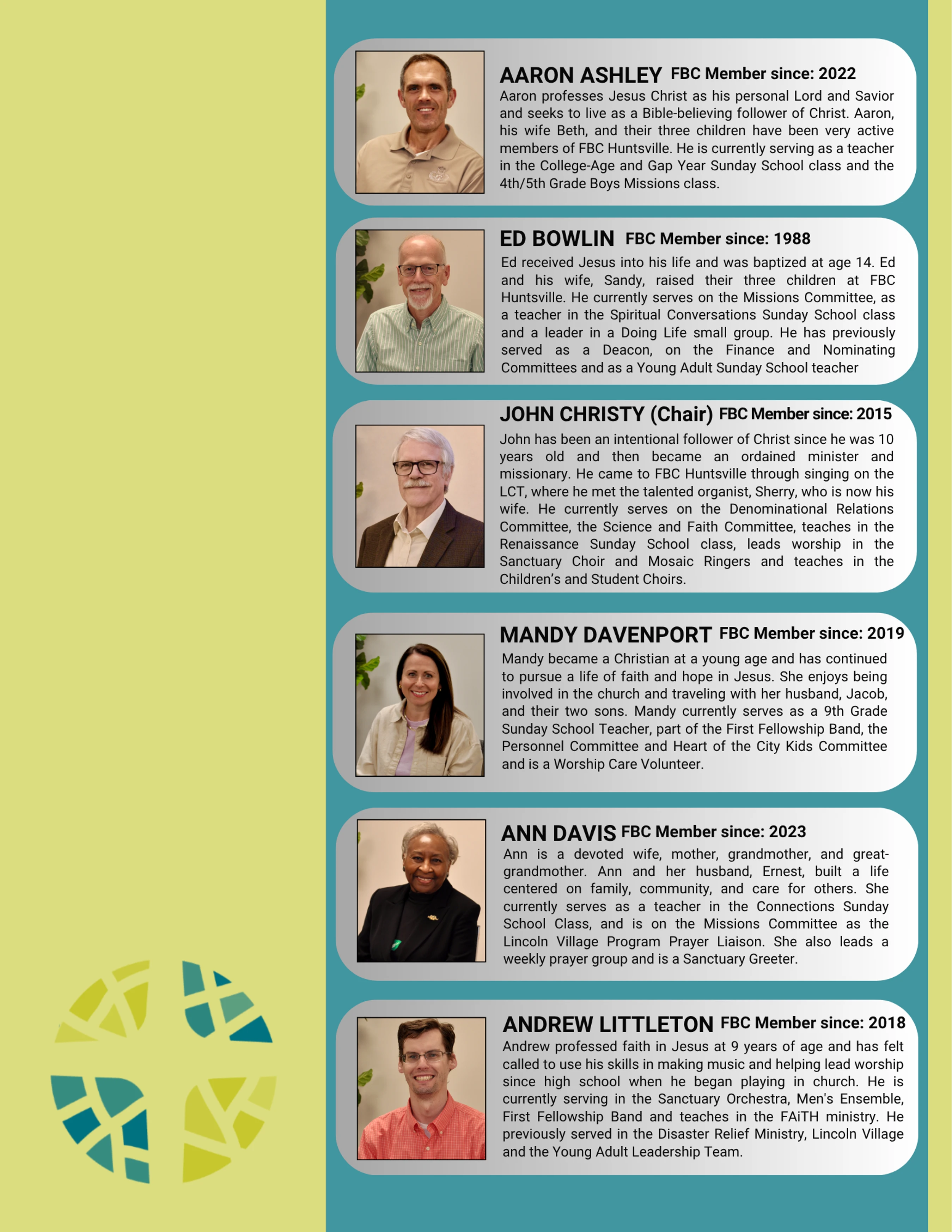 A graphic introducing six FBC church members. Each profile features a headshot, name, membership year, and a brief biography on a teal background.