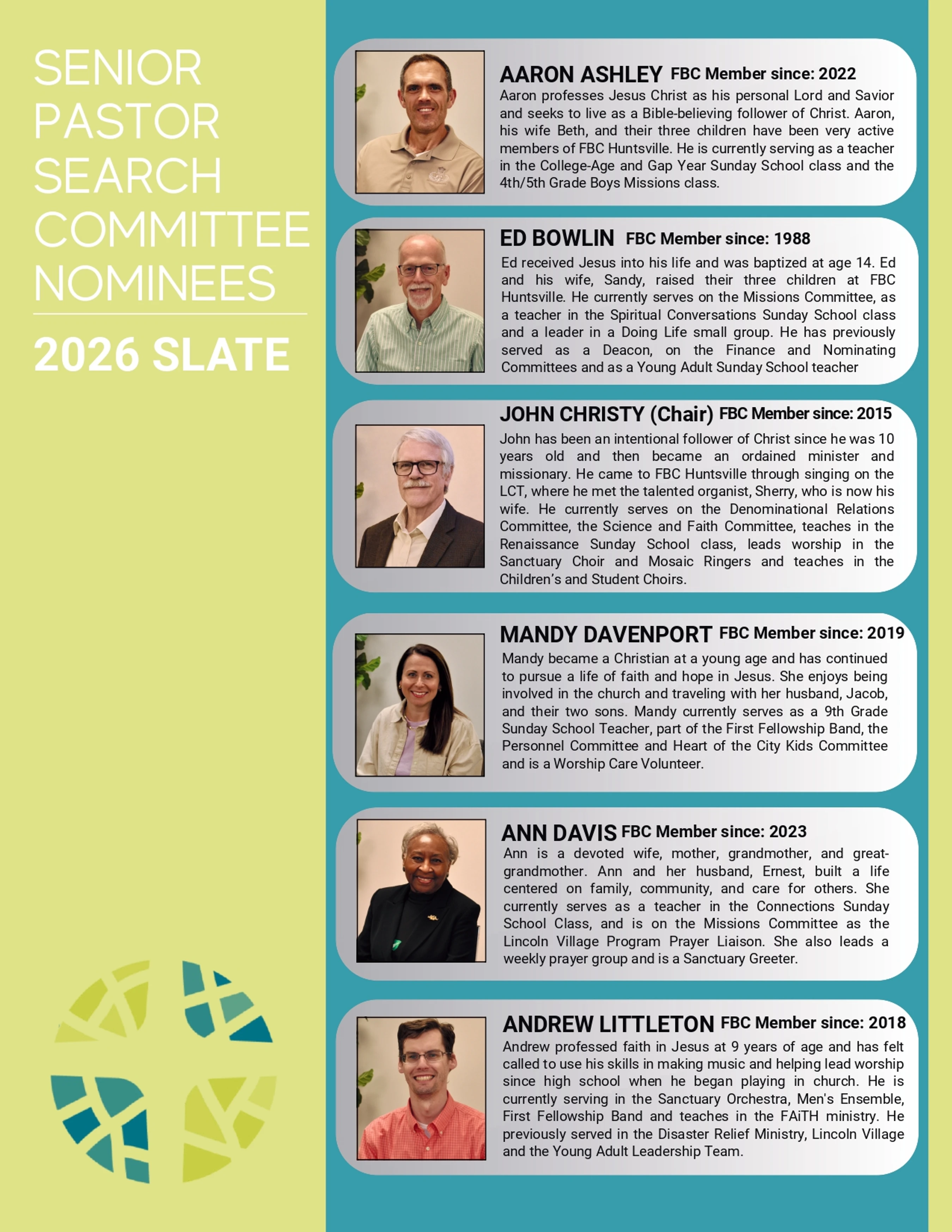 A flyer listing the six nominees for the 2026 Senior Pastor Search Committee, showing their headshots alongside their names and short biographies.