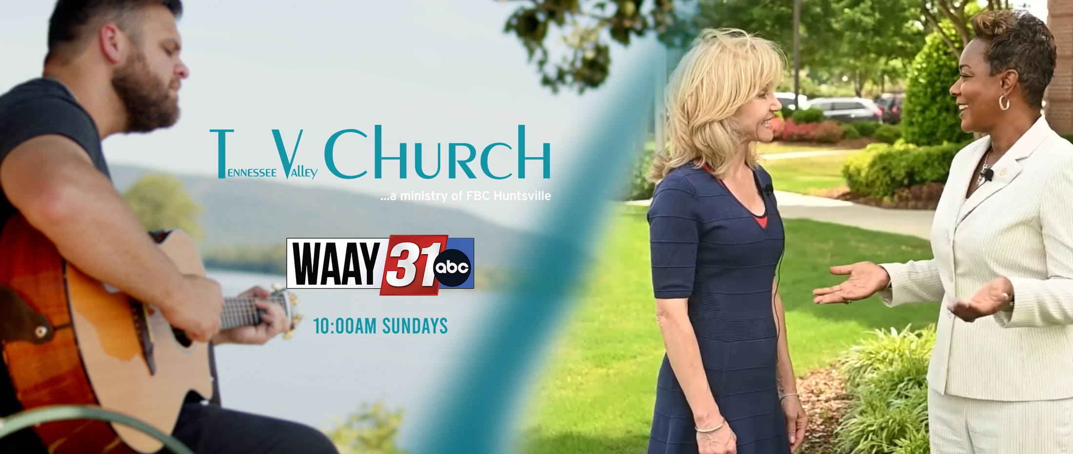 A promotional banner for Tennessee Valley Church, showing a man playing guitar and two women talking. The WAAY 31 logo and 10:00AM Sunday time are shown.
