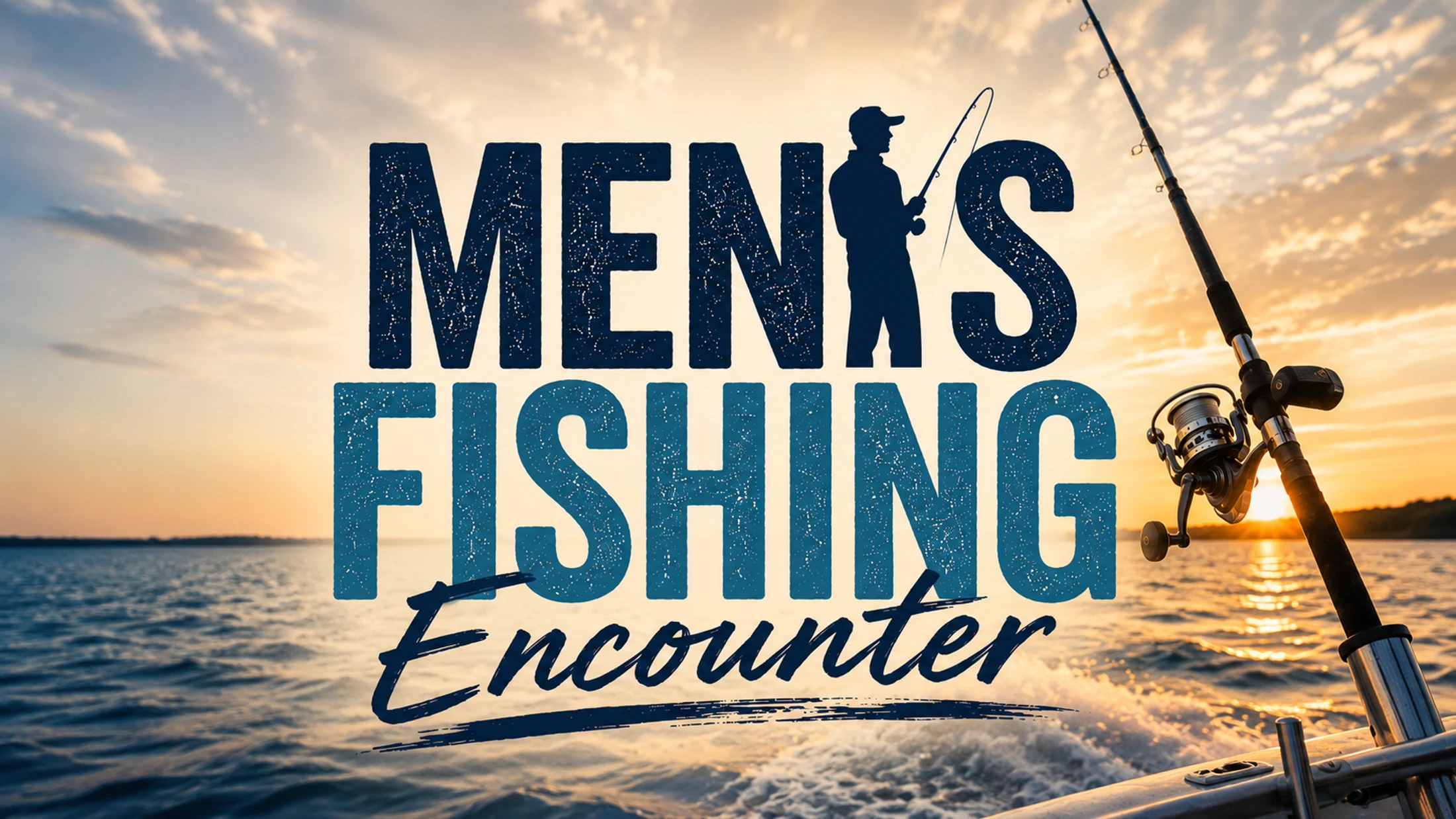 The words 'Men's Fishing Encounter' over a scenic sunrise view from a boat on the water. A silhouette of a fisherman is part of the text design.