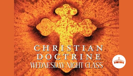 A graphic advertising a Christian Doctrine class. The background is a textured, golden cross on an orange field, with white text overlaid.