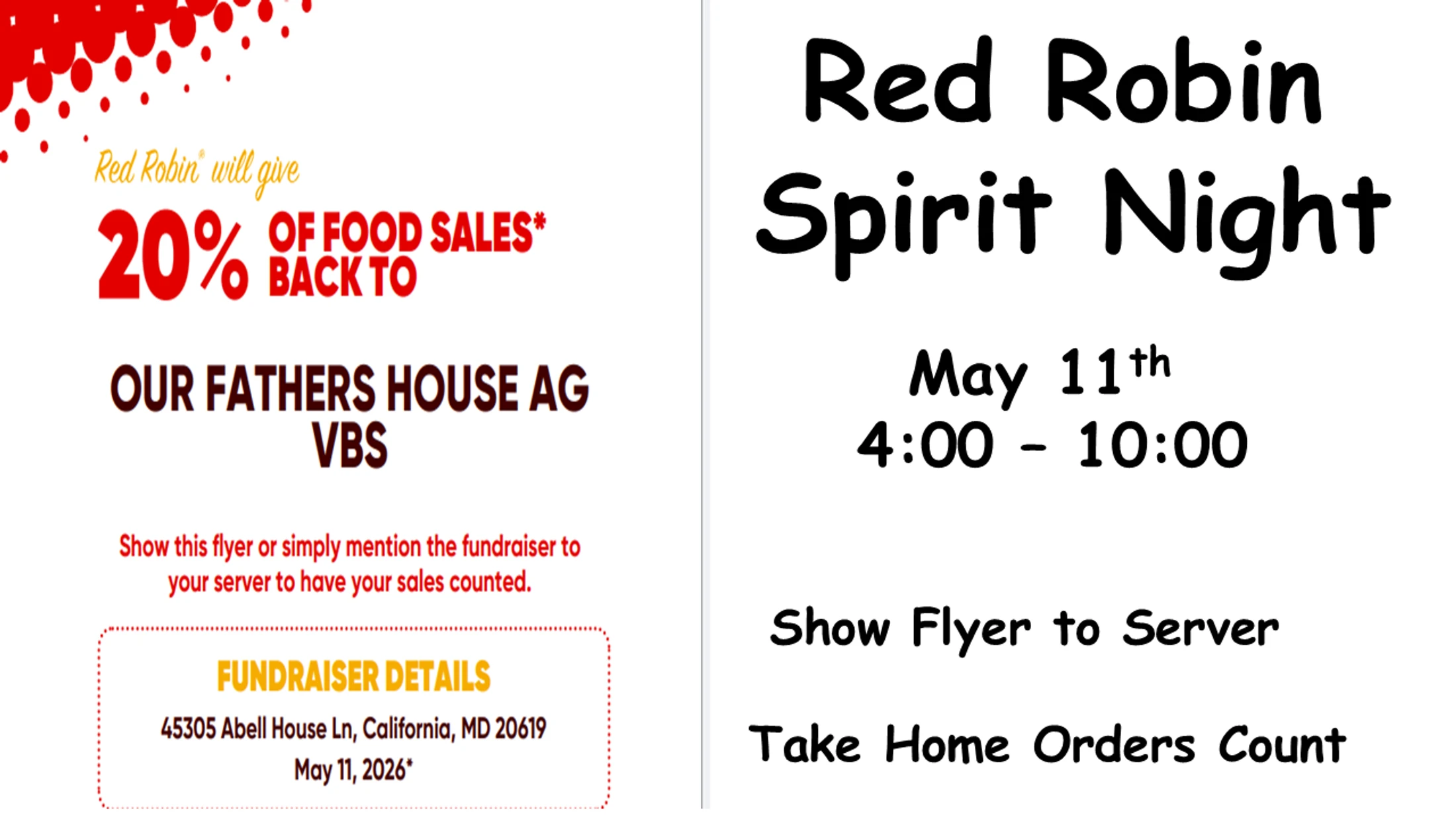 2026 VBS Spirit Night - Red Robin