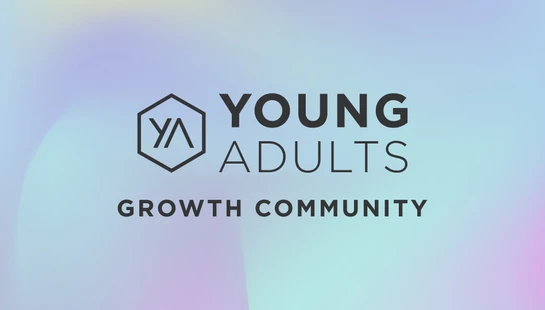 The Young Adults Growth Community logo in black text on a colorful pastel gradient background of blue, purple, and pink.