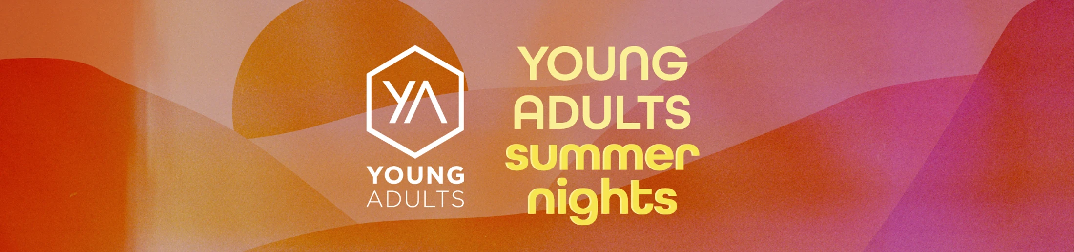 A promotional banner for a 'Young Adults Summer Nights' event, featuring a logo and text on a colorful abstract background of orange, yellow, and pink shapes.
