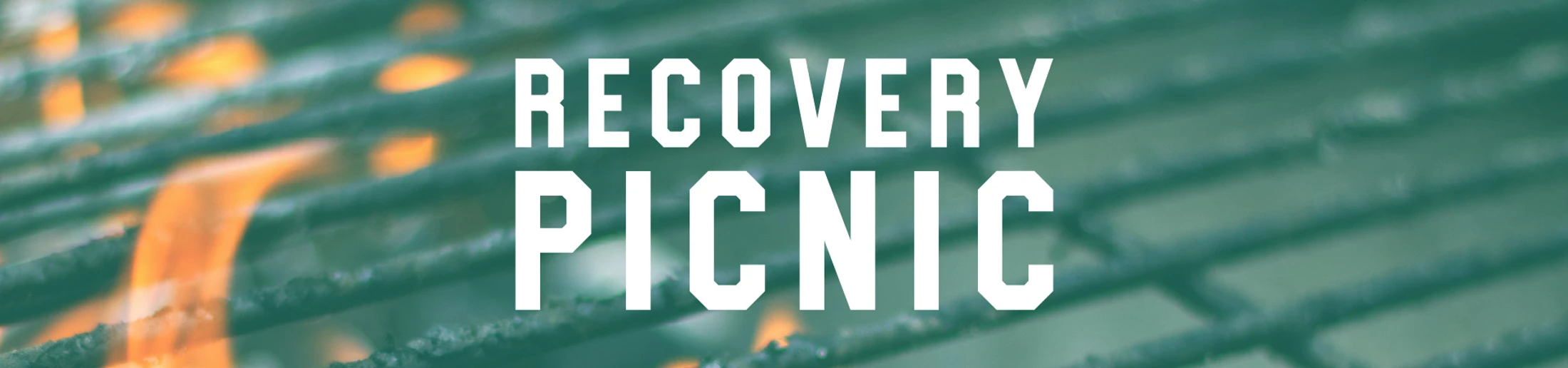 The words "Recovery Picnic" in white block letters over a green-tinted, close-up image of a barbecue grill with orange flames visible underneath.