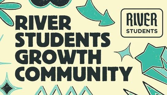 A retro-style banner for River Students. The words 'Growth Community' in black text are surrounded by teal and black cartoon stars, sparkles, and other shapes.