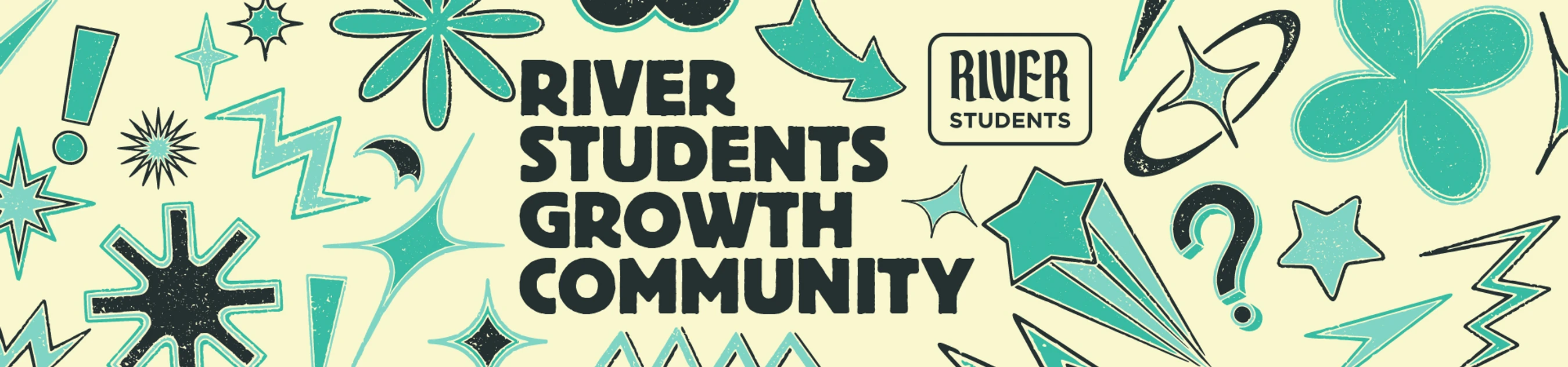 A retro-style banner for River Students. The words 'Growth Community' in black text are surrounded by teal and black cartoon stars, sparkles, and other shapes.