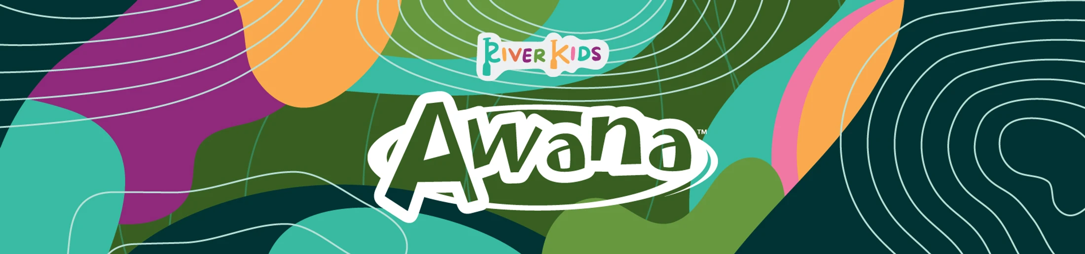A colorful graphic banner for the River Kids Awana program. It features abstract shapes in green, teal, purple, and orange with white line art.