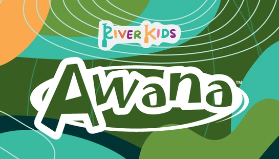 A colorful graphic banner for the River Kids Awana program. It features abstract shapes in green, teal, purple, and orange with white line art.