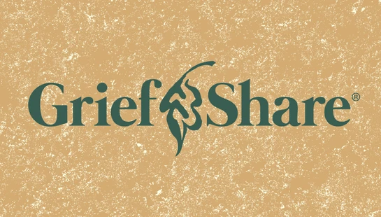 The GriefShare logo in dark green text is centered on a light brown, textured background, resembling distressed paper.
