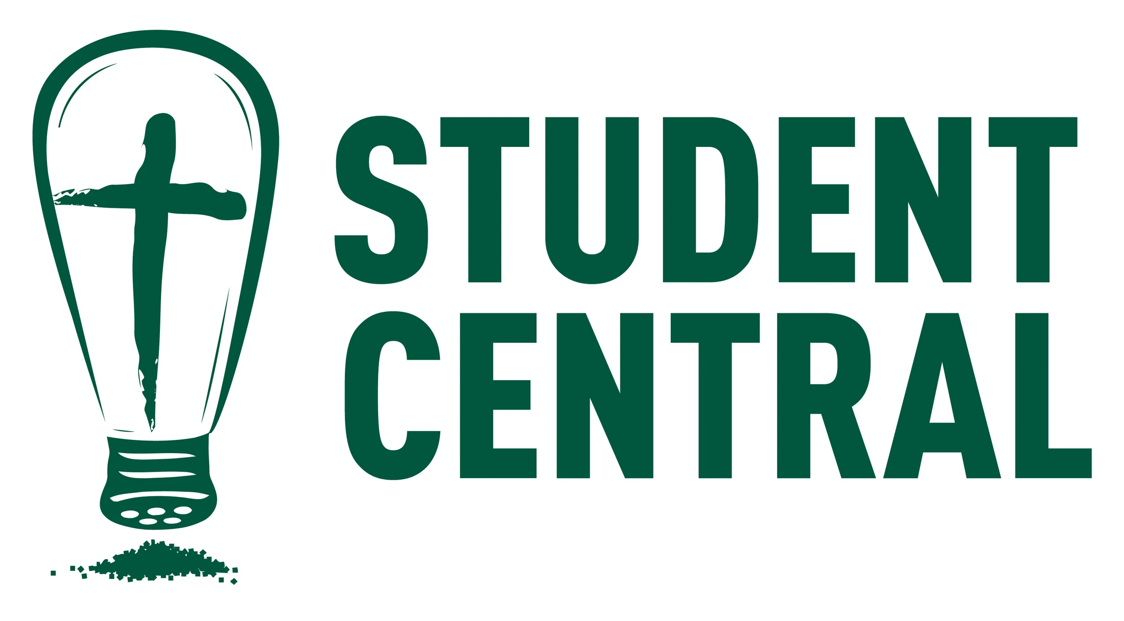 The Student Central logo in dark green, with text next to a lightbulb outline that contains a brush-stroke style cross.