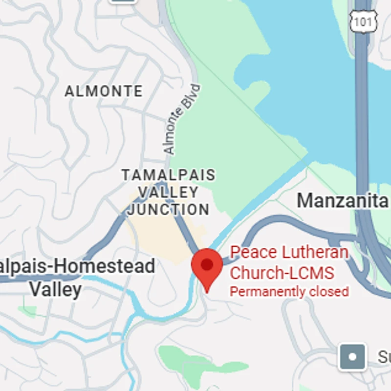 A map with a red pin showing the location of the Peace Lutheran Church-LCMS, which is marked as permanently closed, near Tamalpais Valley Junction.