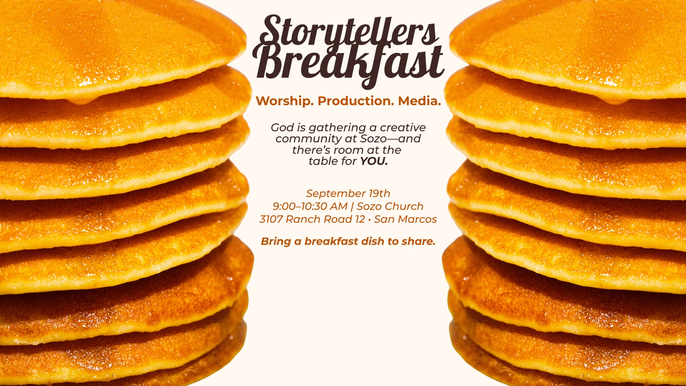 A promotional graphic for a Storytellers Breakfast event, featuring two tall stacks of pancakes framing the event details in the center of the image.