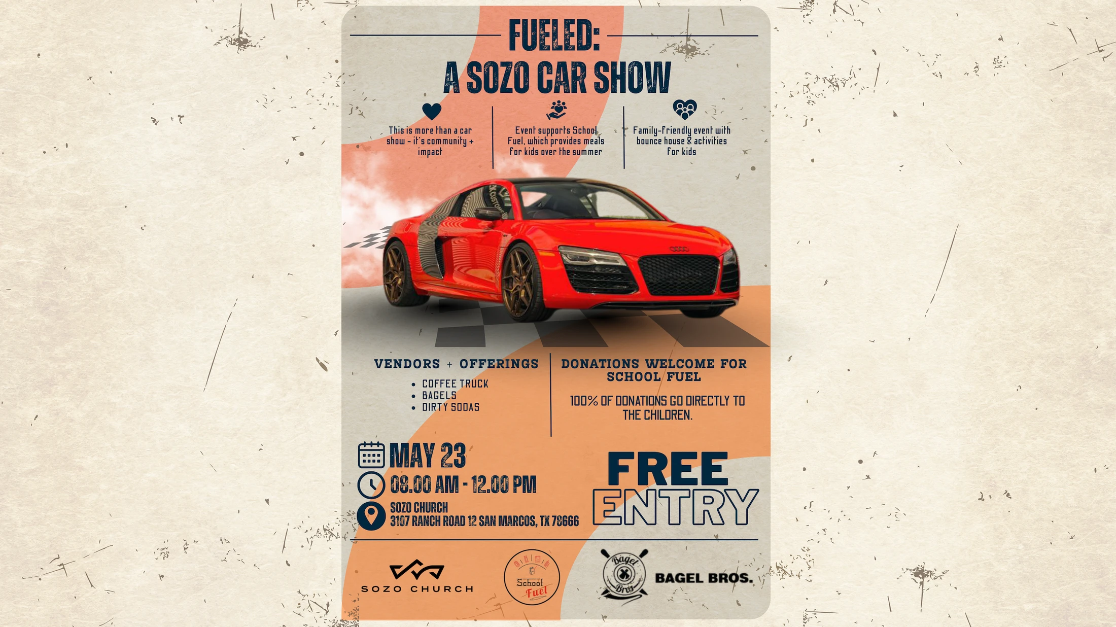 A flyer for a car show called "Fueled" featuring a red Audi sports car. The event is at Sozo Church on May 23 and supports the School Fuel program.