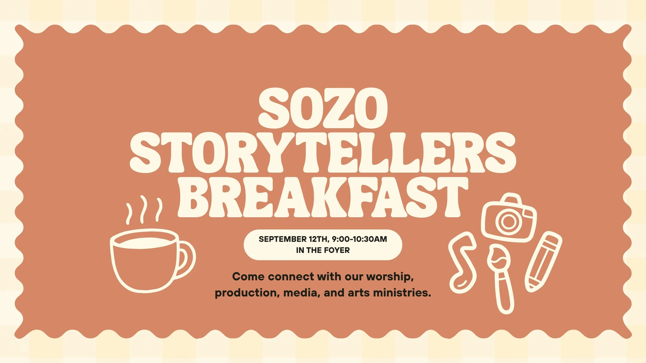 An announcement for the SOZO Storytellers Breakfast on September 12th. Graphic includes event details and icons for worship, media, and arts ministries.