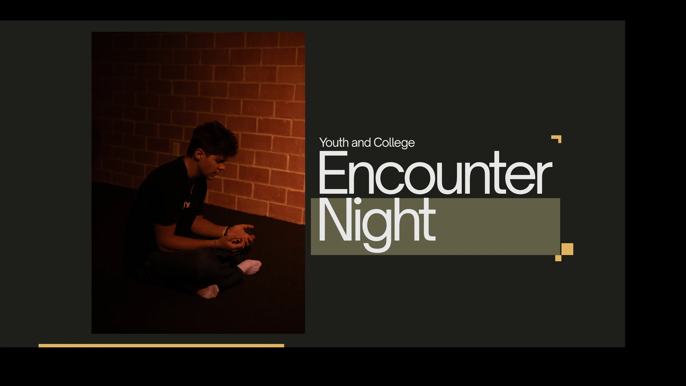 An event graphic for Encounter Night, showing a young man sitting on the floor in contemplation against a brick wall.