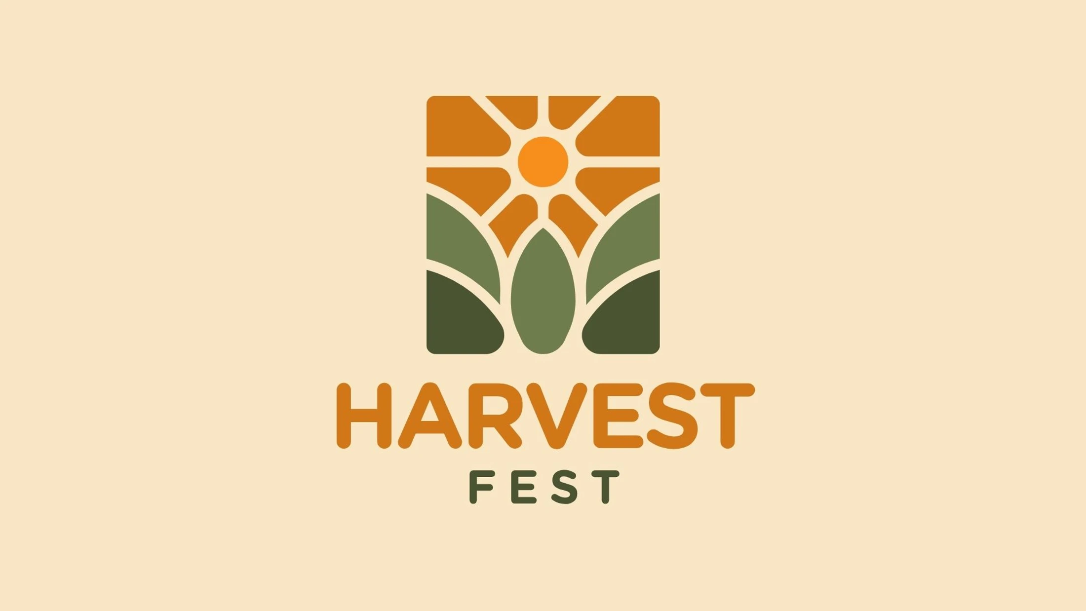 A logo for Harvest Fest featuring a stylized sun over green leaves in a rectangular frame. The colors are orange, green, and beige, evoking an autumn feel.