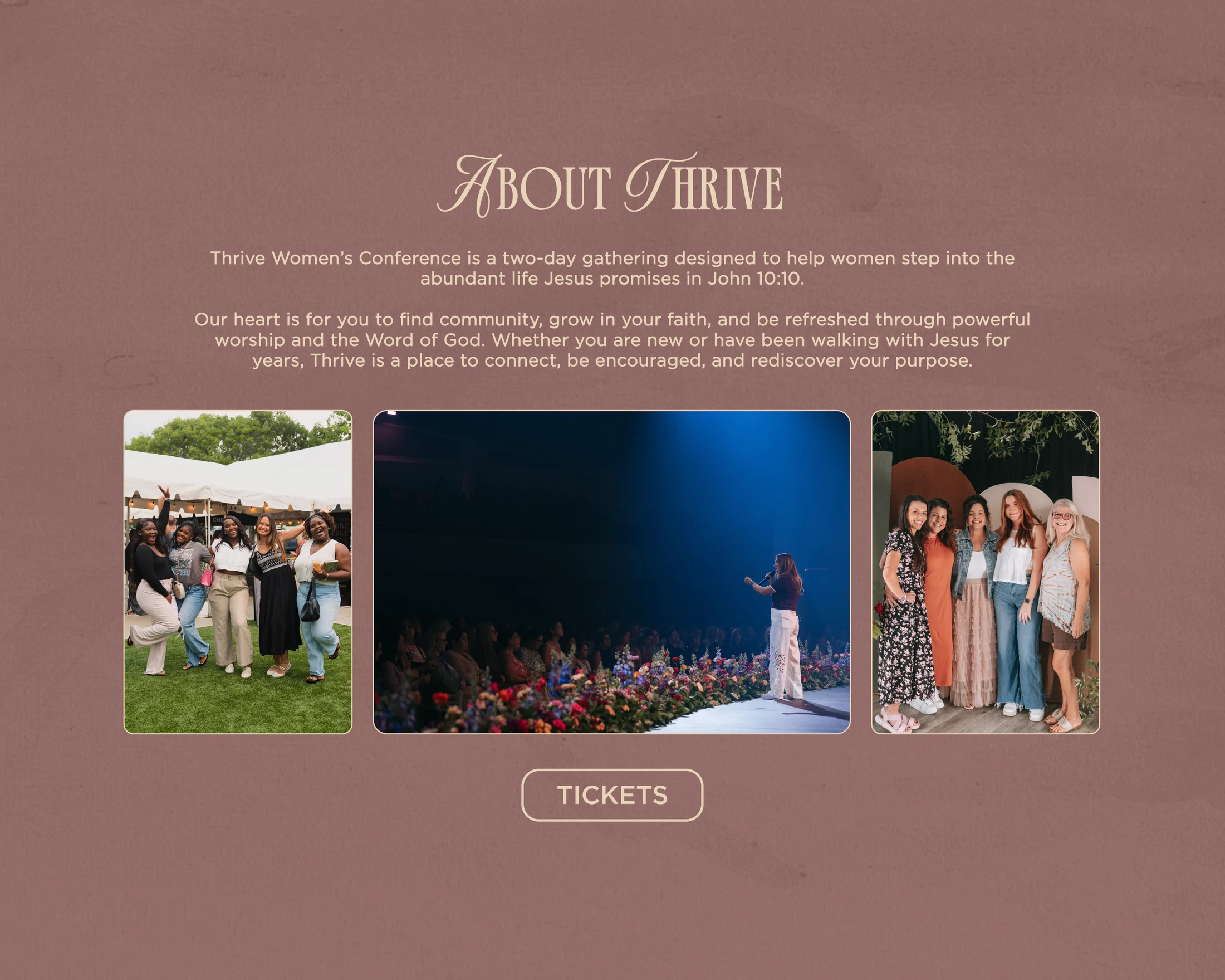 A promotional graphic for the Thrive Women's Conference with text and three photos showing women worshiping, speaking on stage, and enjoying community together.