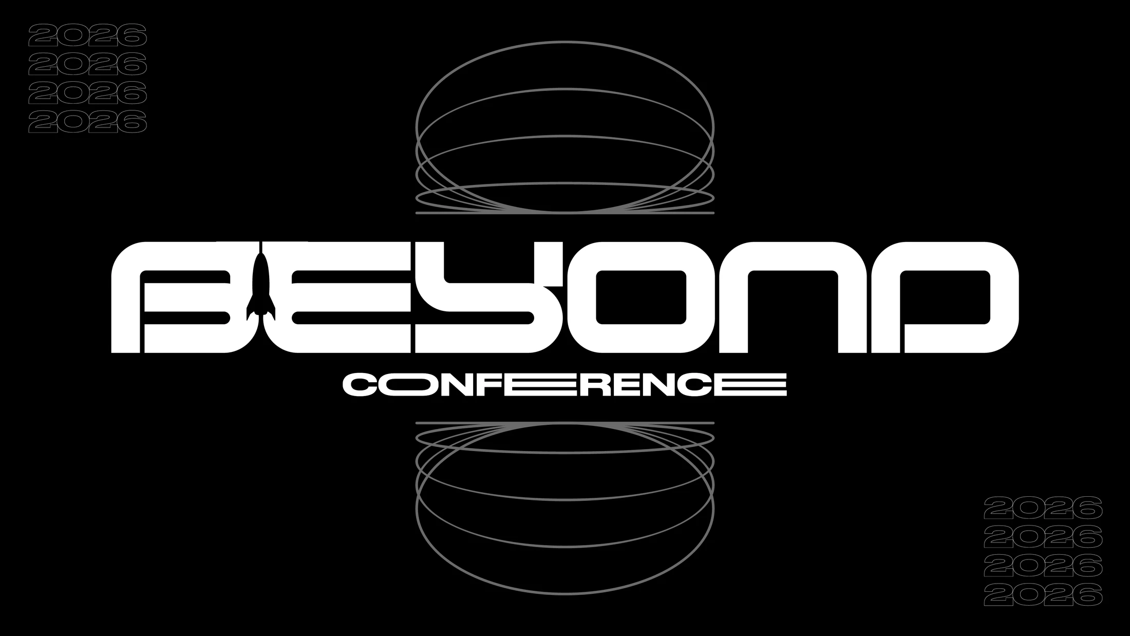 A futuristic logo for the 'Beyond Conference' on a black background. The white text is stylized, with a rocket ship forming the letter 'E'.