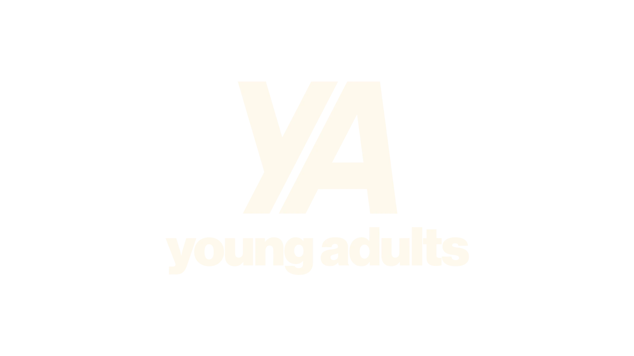 Cream-colored logo for 'Young Adults' featuring a stylized 'YA' monogram above the full title in a modern, lowercase font.