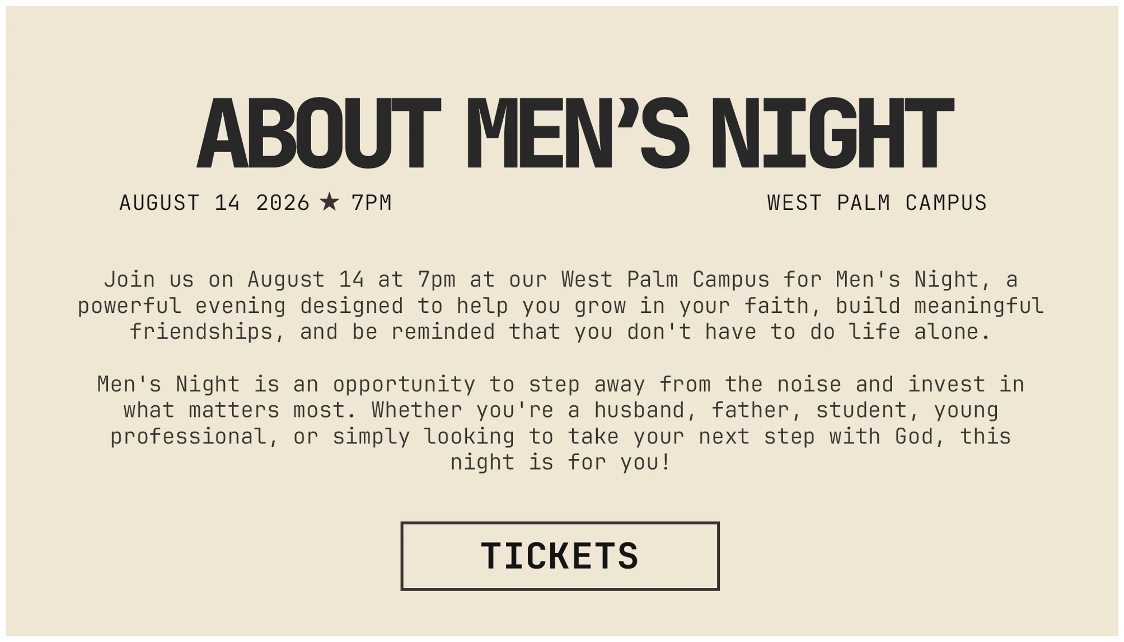 A simple event graphic with black text on a beige background. It reads 'About Men's Night' and gives the date, time, and location with descriptive text.