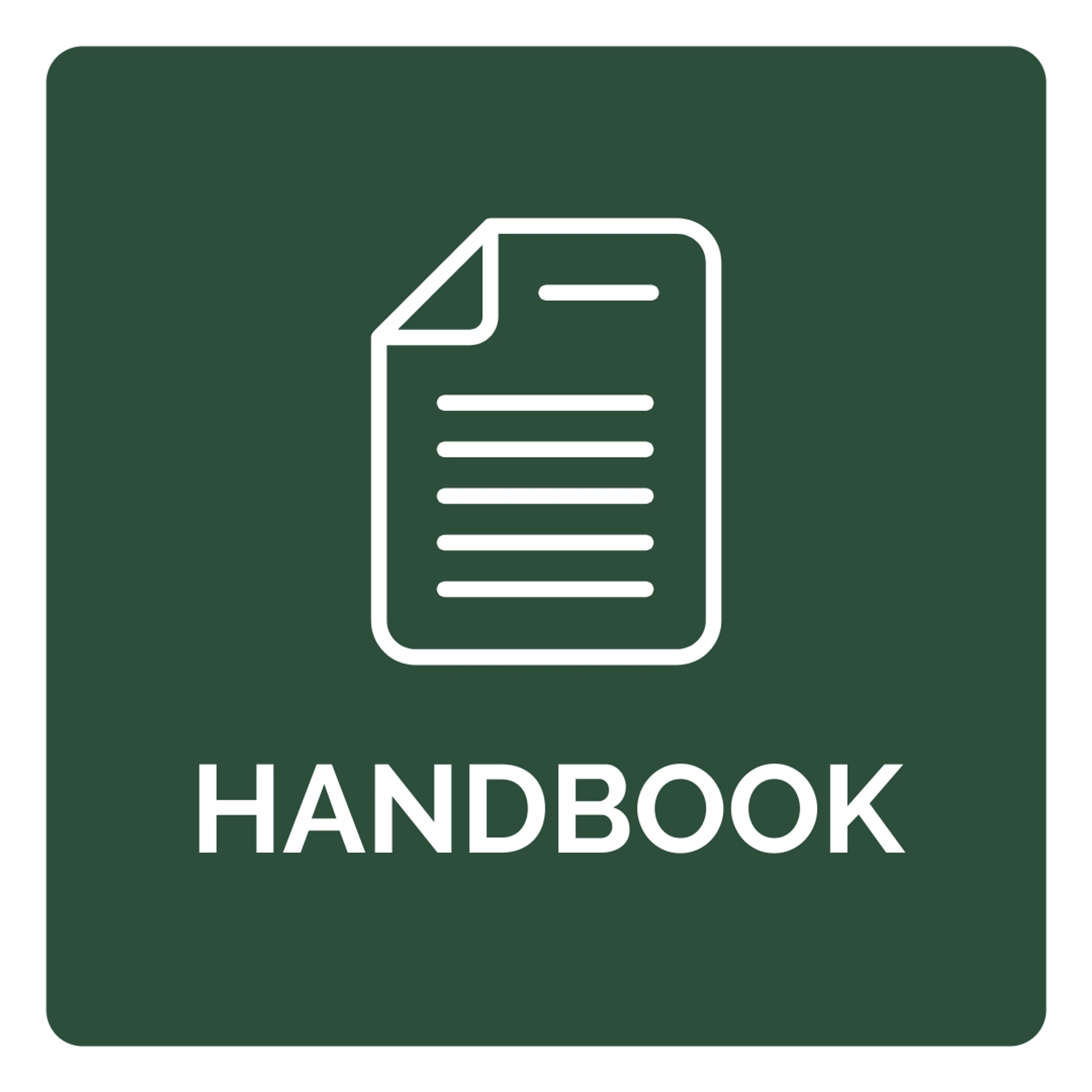 A dark green square icon with a white line drawing of a document and the word 'HANDBOOK' below it.