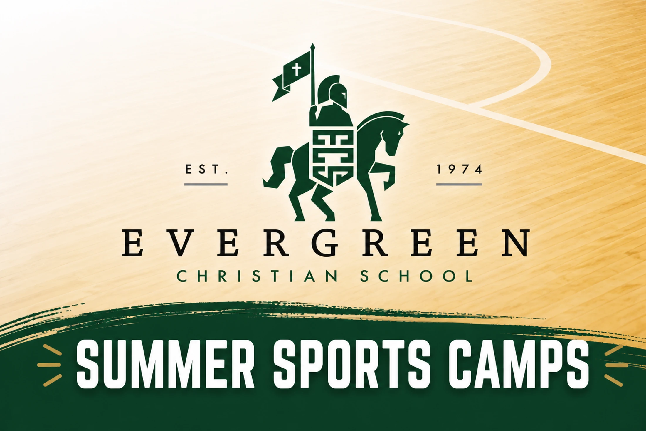 A promotional graphic for Evergreen Christian School's Summer Sports Camps, featuring the school's knight logo over a basketball court background.