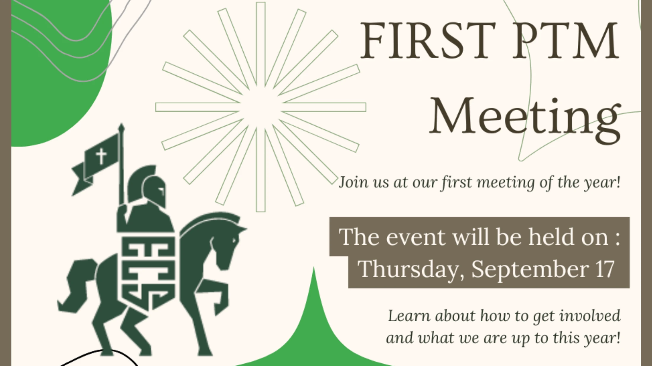 An announcement for the first PTM meeting of the year on Thursday, September 17, with a green logo of a knight on horseback against a cream background.