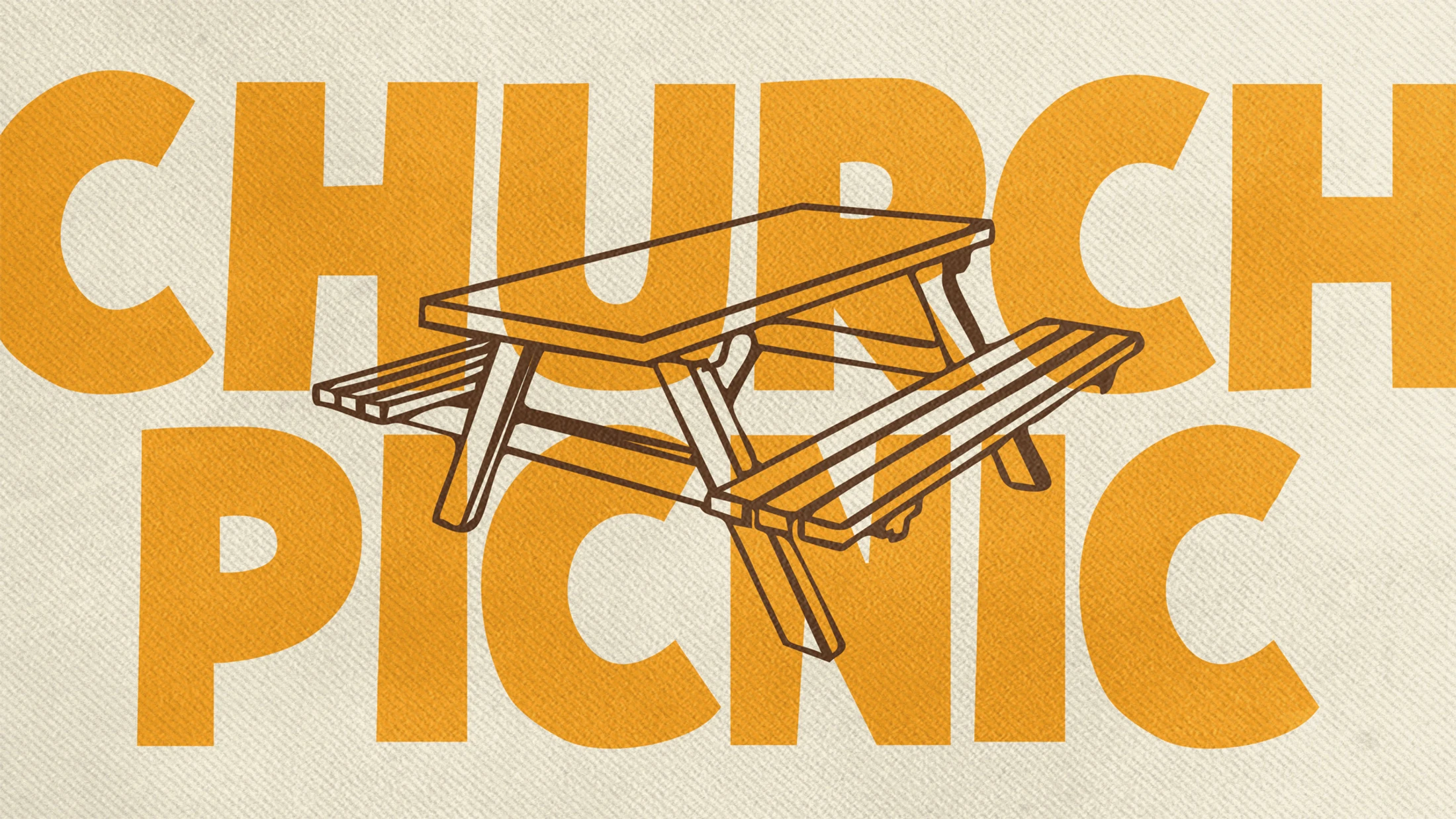 A graphic for a church picnic featuring the words in a large orange font with a brown line drawing of a picnic table over them on a textured background.