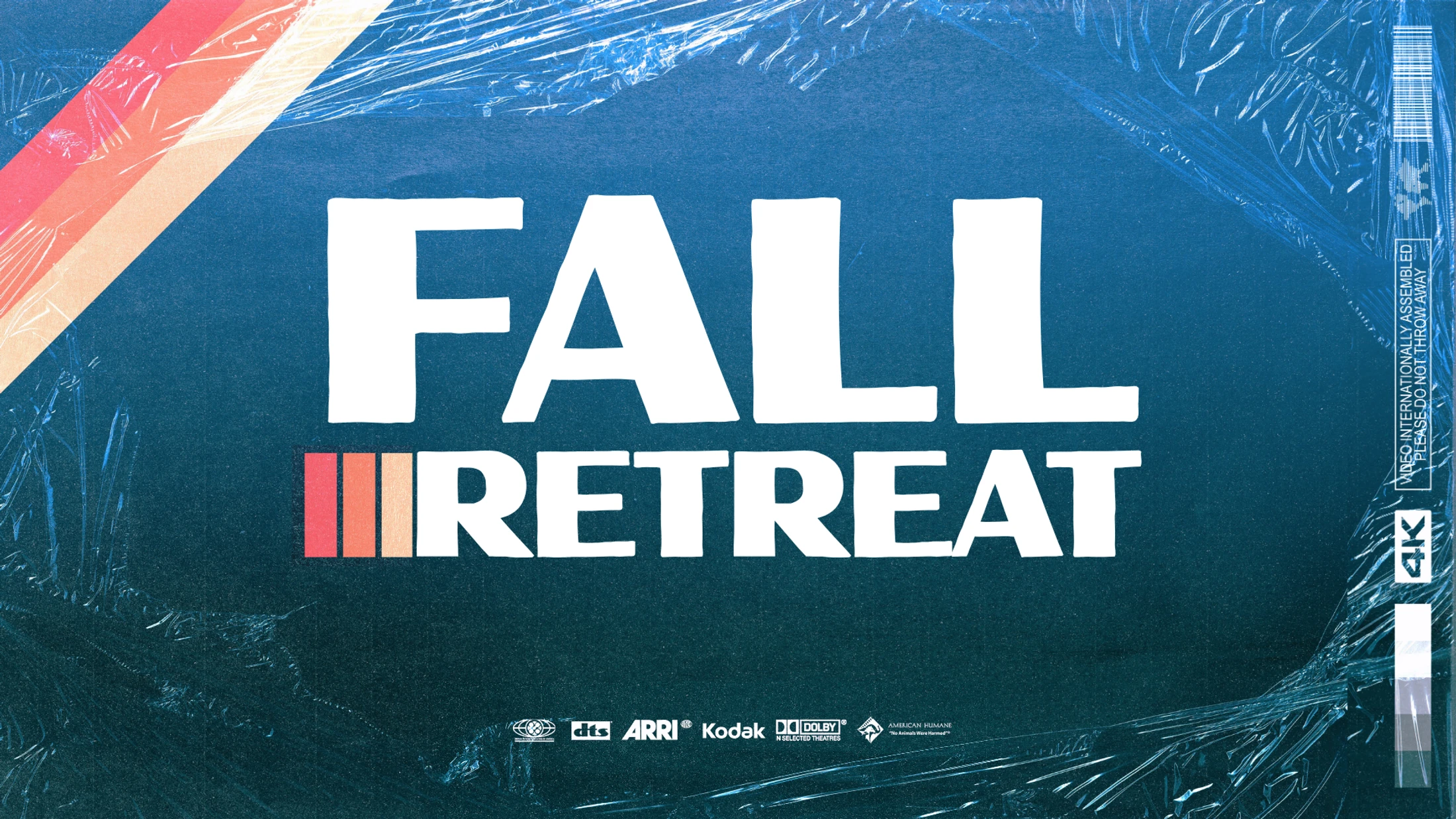 A graphic announcement for a "Fall Retreat" designed to look like a retro VHS tape cover, with a crinkled plastic wrap texture over a dark blue background.
