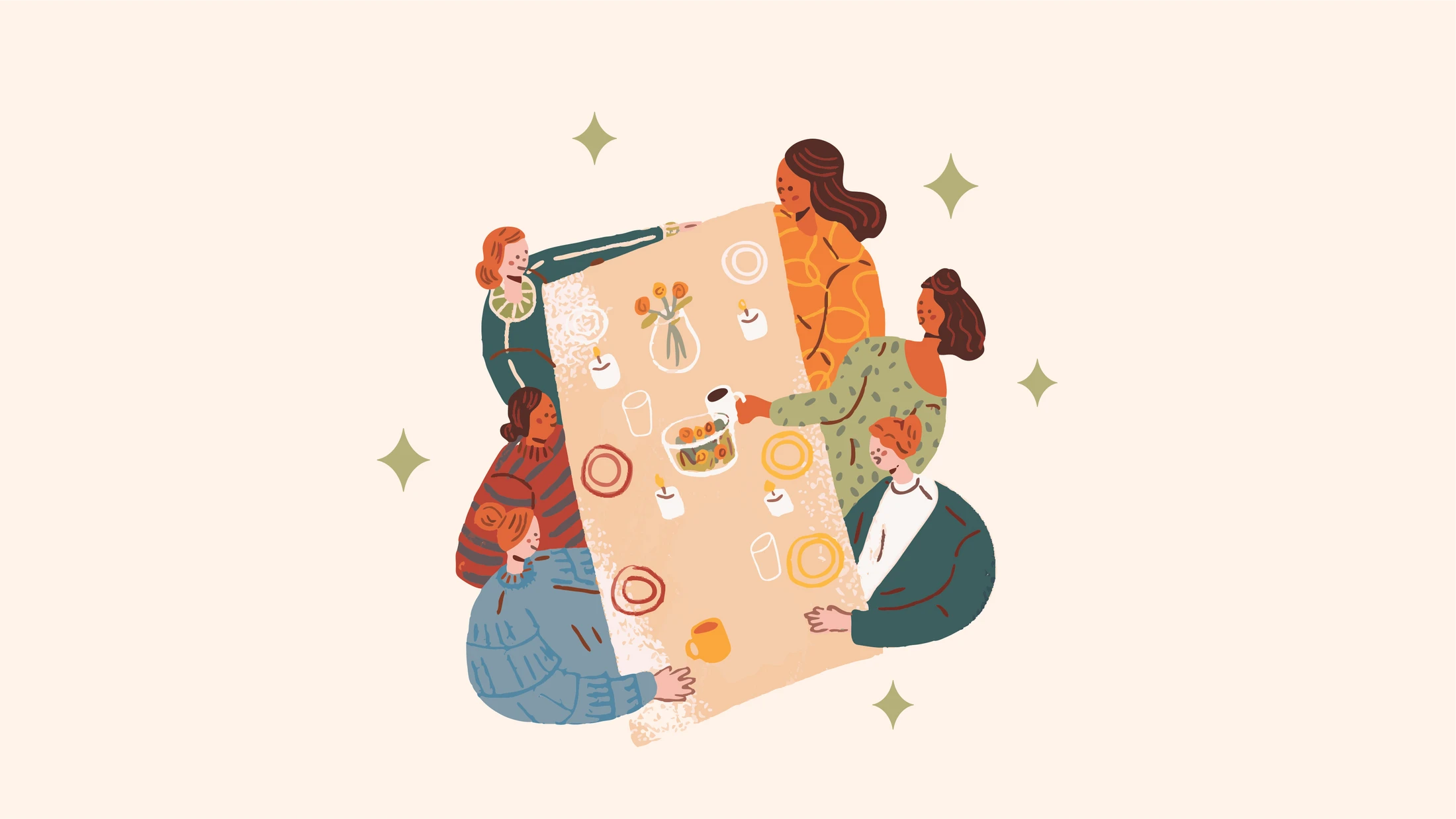 A warm, stylized illustration of a diverse group of people sitting together at a dinner table, sharing food and conversation in a cozy setting.