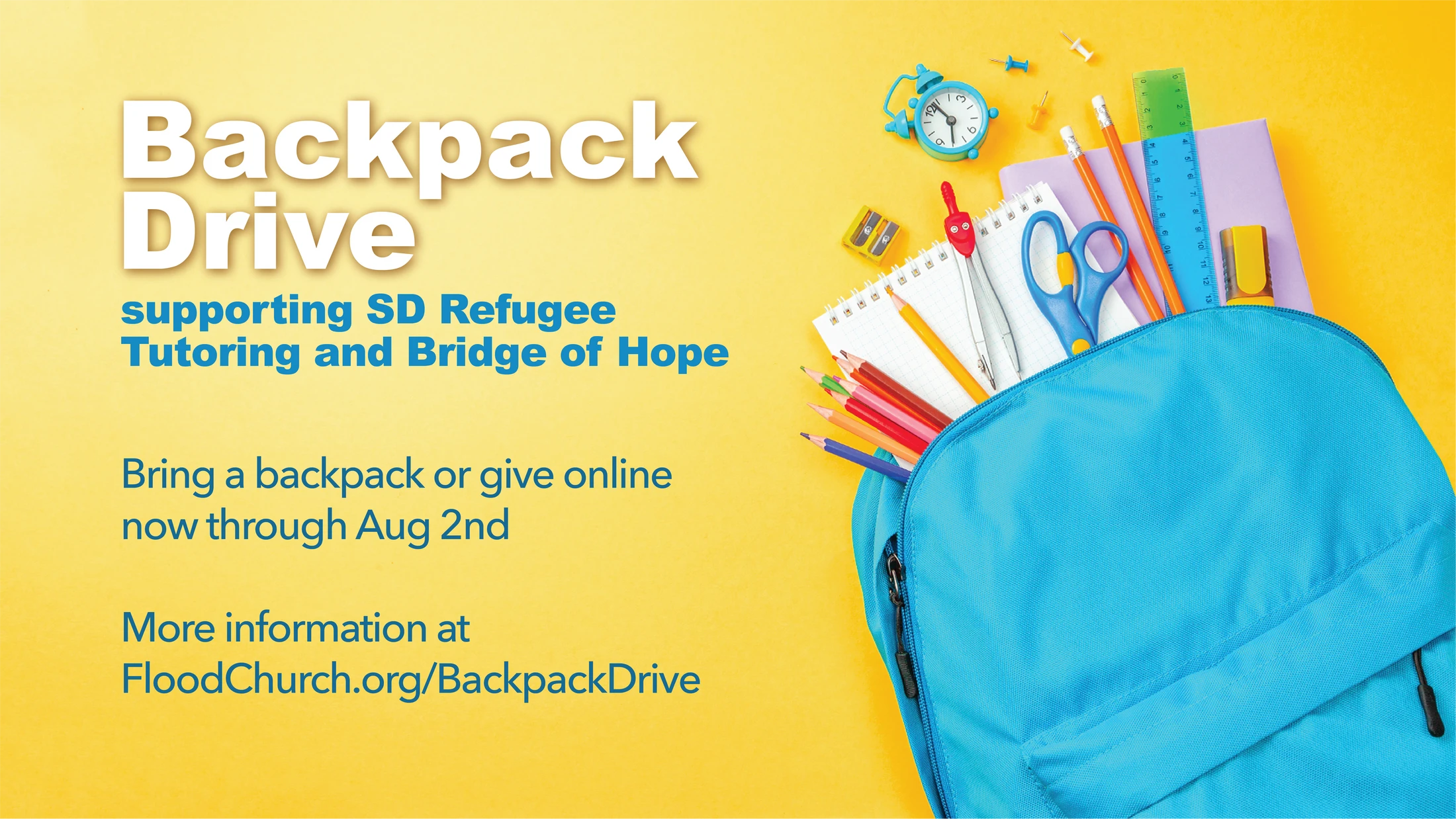 An advertisement for a backpack drive on a yellow background, with a blue backpack filled with school supplies like pencils, scissors, and a ruler.