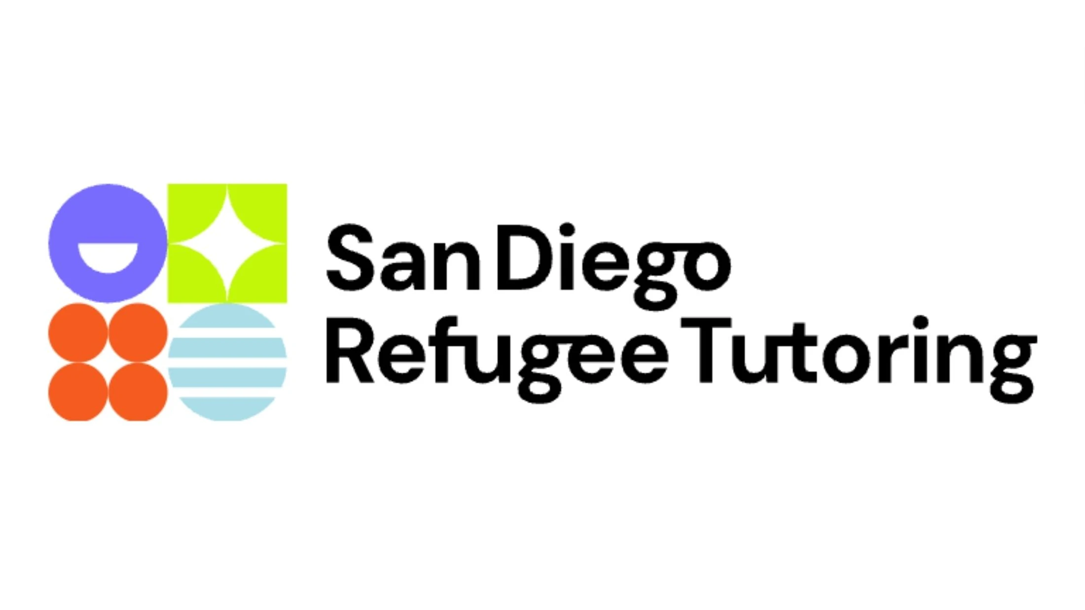 The logo for San Diego Refugee Tutoring, featuring four colorful geometric shapes next to the organization's name in black text on a white background.