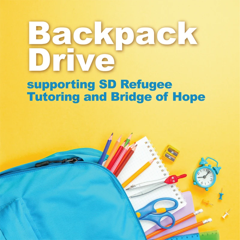 A bright yellow graphic advertising a backpack drive, with a blue backpack at the bottom spilling out colorful school supplies like pencils and scissors.