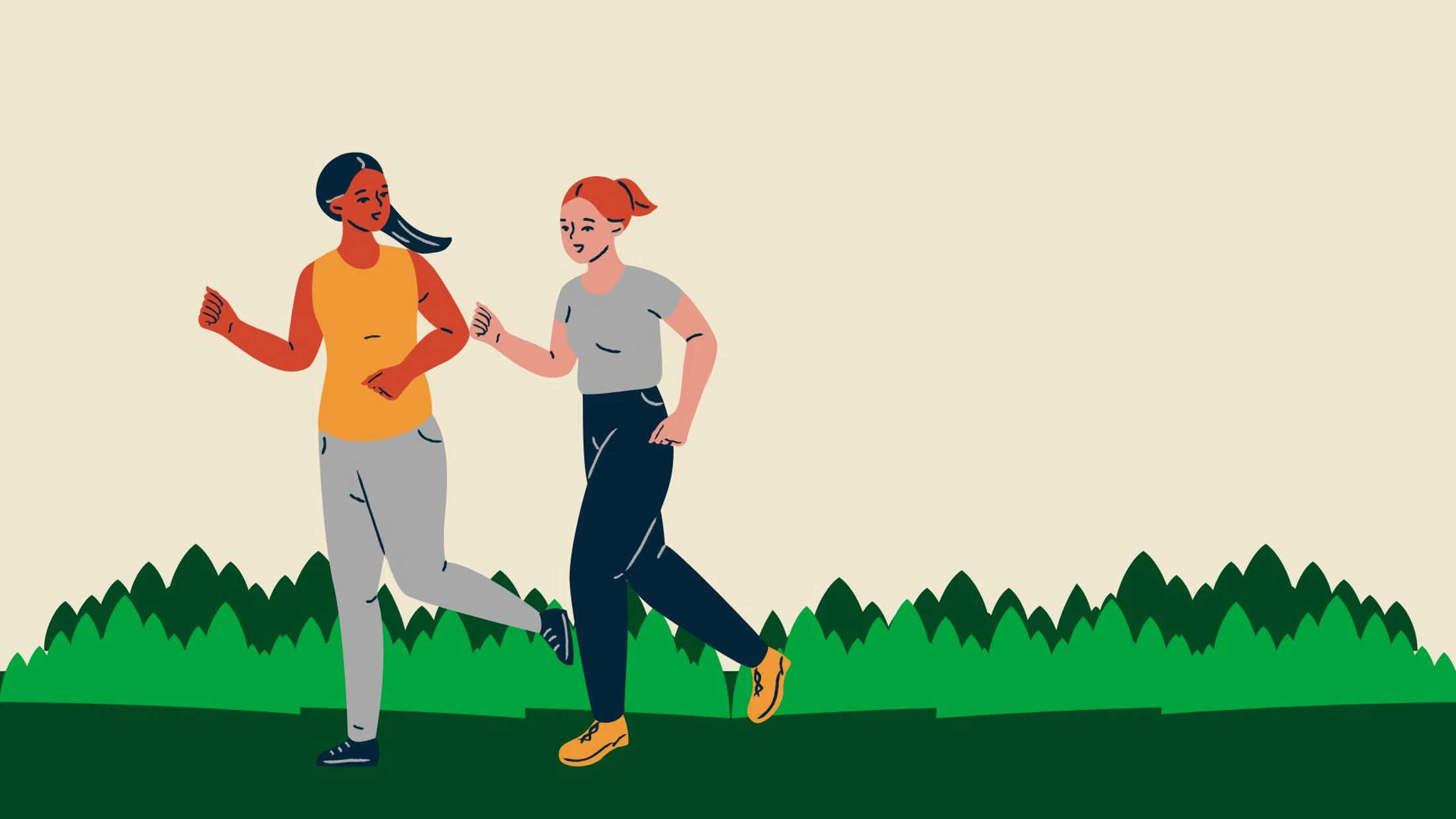 A simple illustration of two women jogging side-by-side on a green lawn with a line of trees in the background under a pale sky.