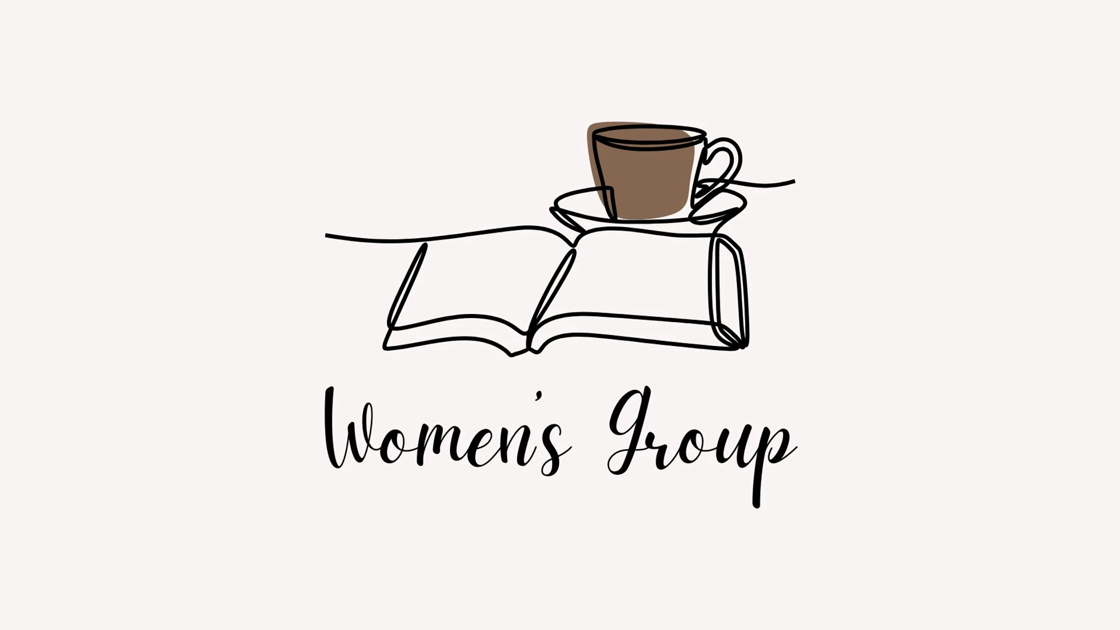 A simple line drawing of an open book with a brown coffee cup on top. Below, the words 'Women's Group' are written in a cursive font on a light background.