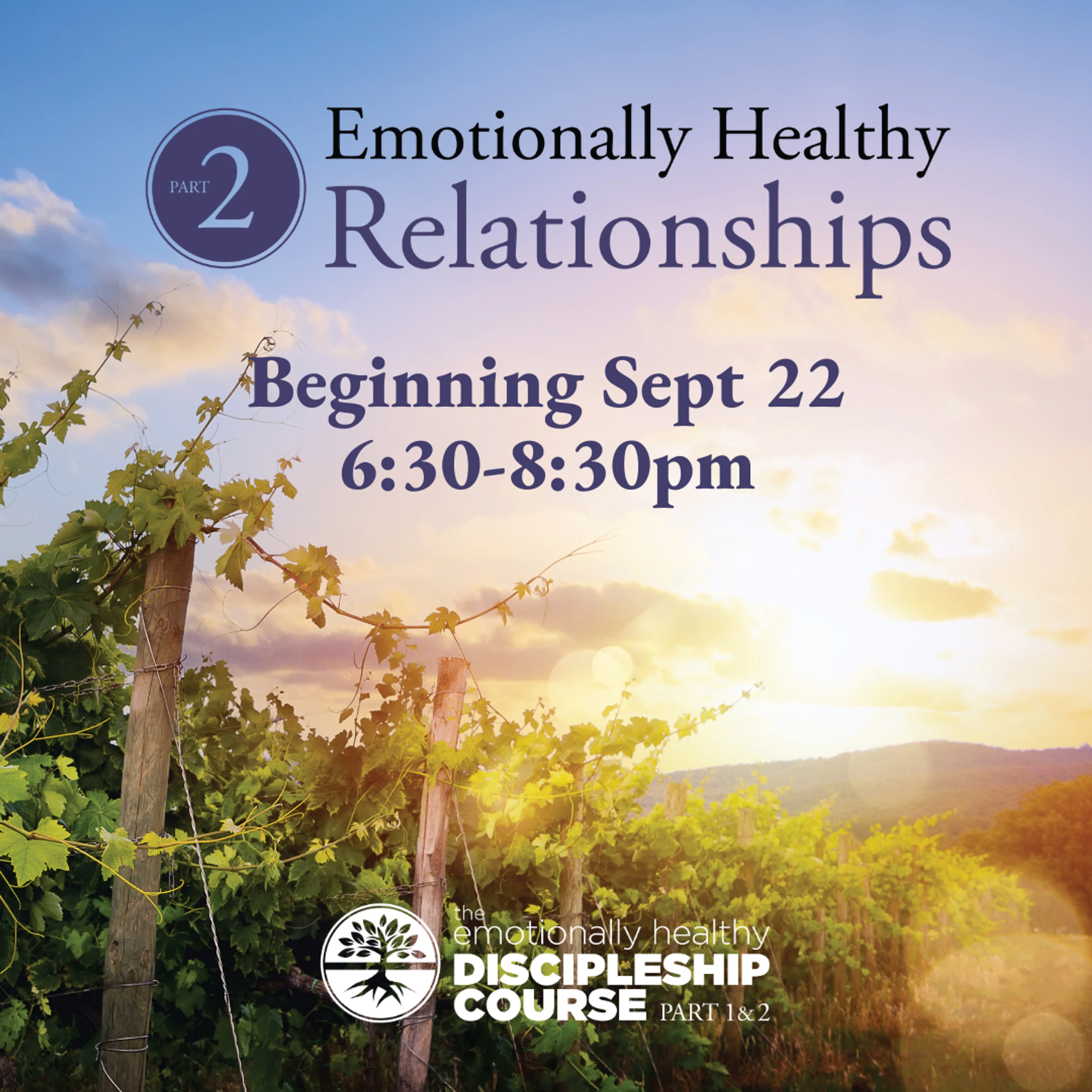 Promotional graphic for Emotionally Healthy Relationships, Part 2, beginning Sept 22 from 6:30-8:30pm. The background shows a sunlit vineyard.