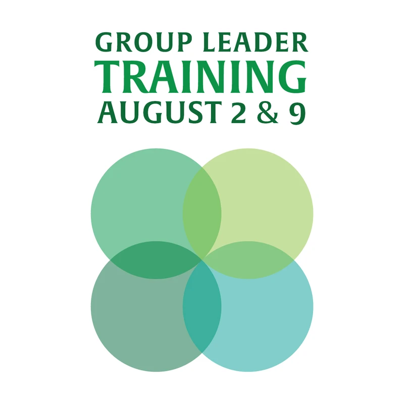 A graphic announcing Group Leader Training on August 2 and 9, with four overlapping circles in shades of green and blue below the text.