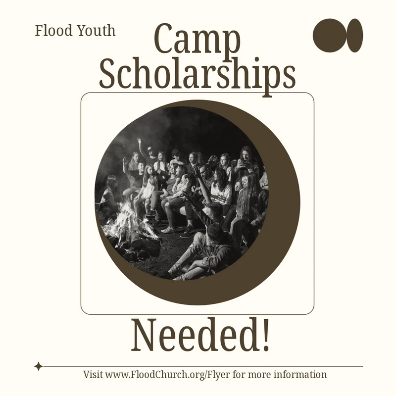 Flyer requesting camp scholarships for Flood Youth. A black and white photo shows a group of teens sitting around a campfire at night.