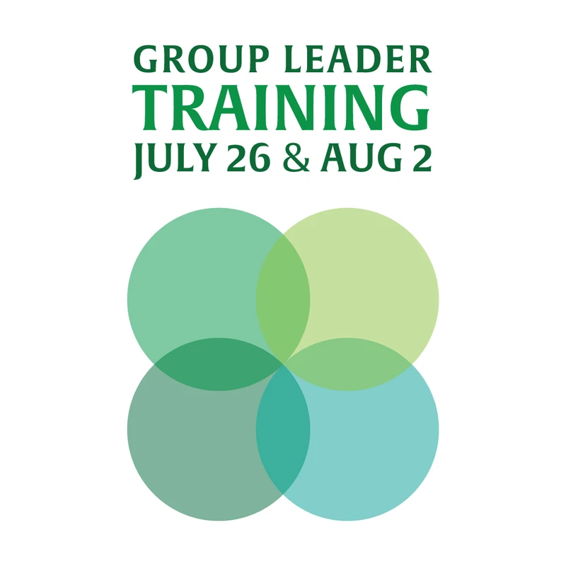 A graphic announcing Group Leader Training on July 26 & August 2, with four overlapping translucent circles in green and blue tones below the text.