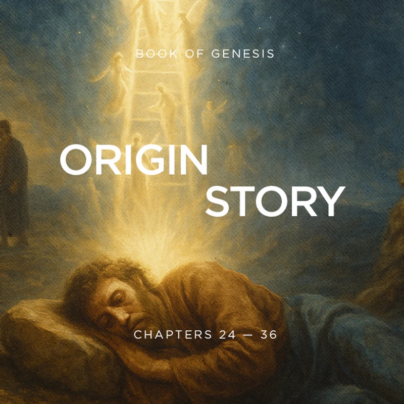 A painting of Jacob sleeping on a rock, dreaming of a ladder reaching to heaven with angels. Text on the image reads 'Origin Story' and 'Book of Genesis'.